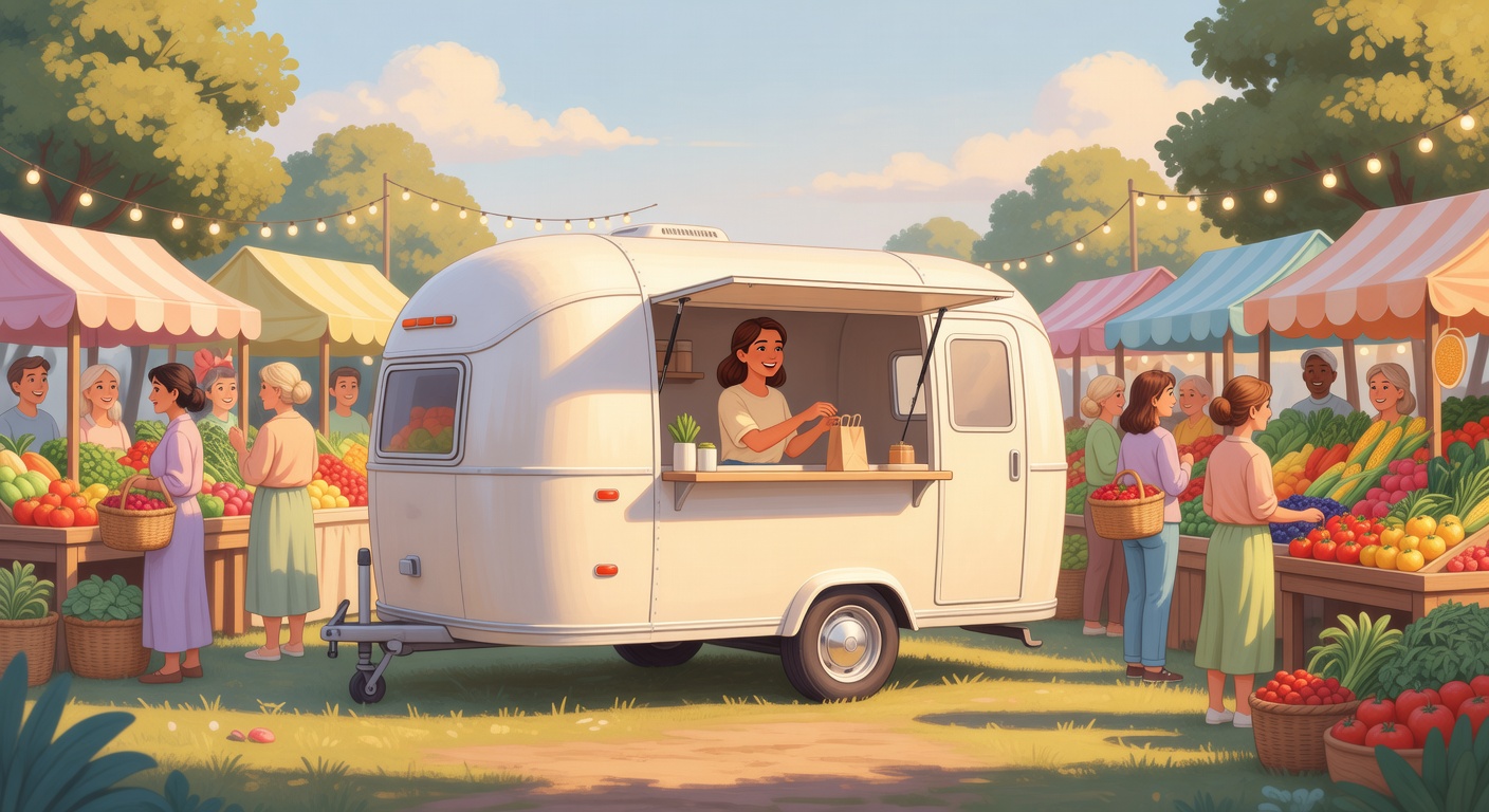 Small mobile food trailer at a sunny outdoor market